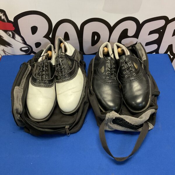 Pair of FootJoy golf shoes size 8.5 with Stoke Park bag.