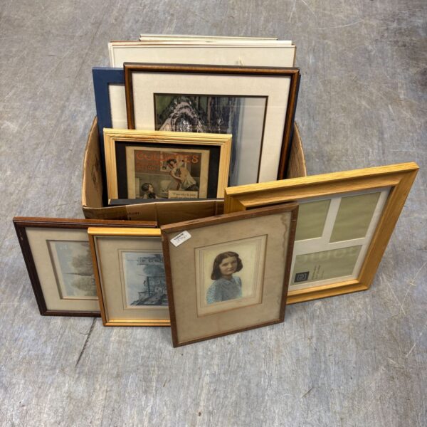 Mixed lot of framed artworks and prints for vintage wall decor.