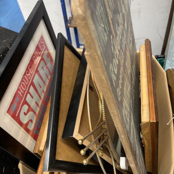 Mixed lot of framed pictures and art, including a "House Rules" print.