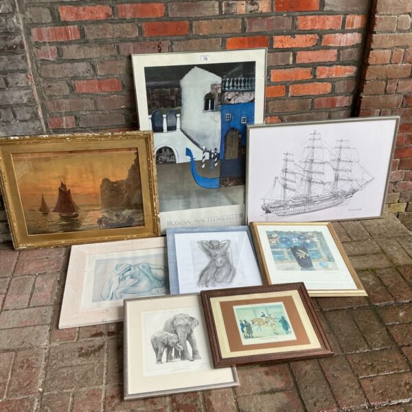 Collection of framed prints including Edgar Degas and Rosina Wachtmeister artwork.