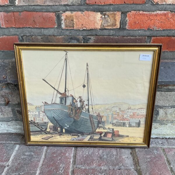 Francis Ives Naylor watercolour painting of a fishing boat in dry dock.