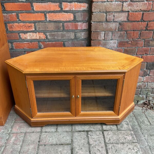 Vintage G Plan corner TV cabinet with glass doors.