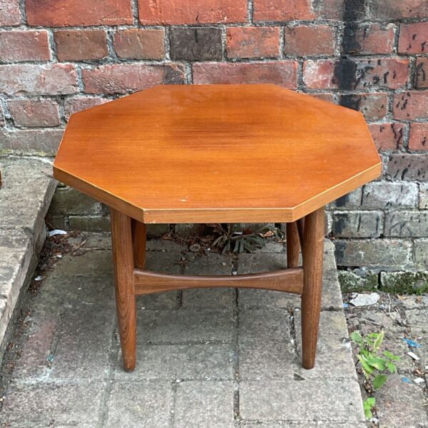Vintage G Plan octagonal coffee table in teak, front view.