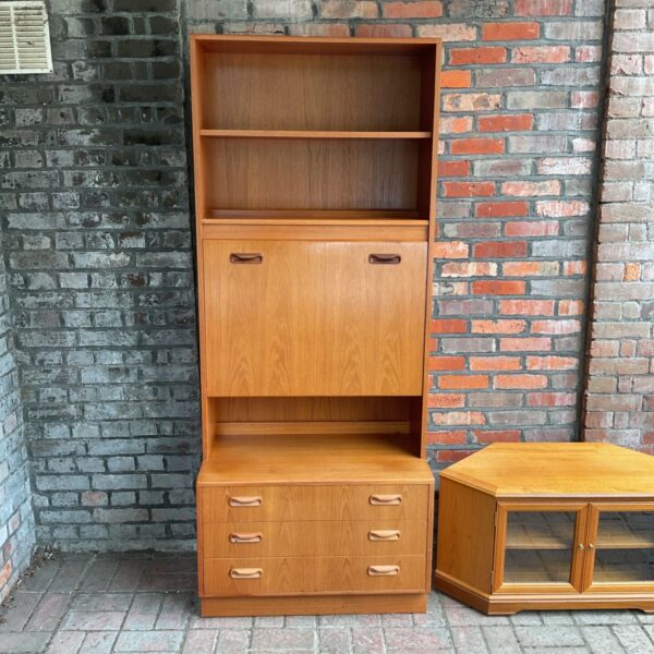 Vintage G Plan writing cabinet with drawers and shelving.