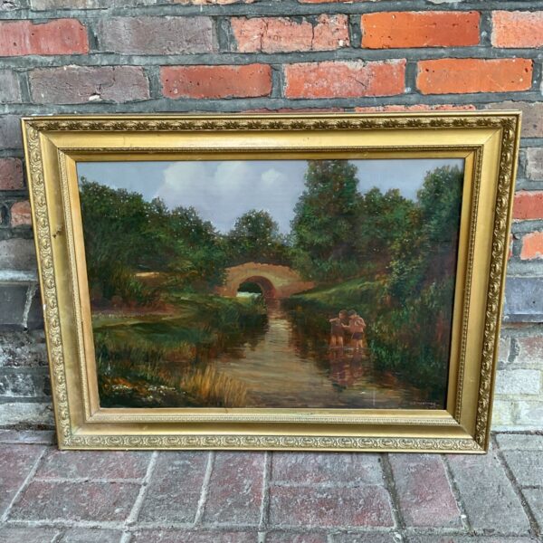 Vintage Geoffrey Mortimer oil painting of boys fishing in a stream.