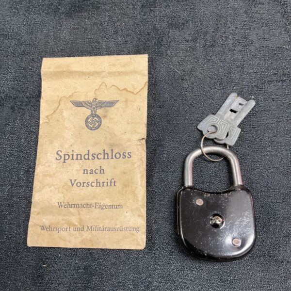 Vintage German Spindschloss nach Vorschrift padlock with original keys.