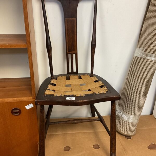 Dark wood Glasgow School side chair with splat inlay, damaged seat.