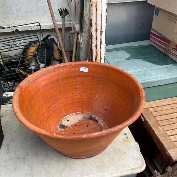 Glazed terracotta garden pot, 20 inch diameter, weathered finish.