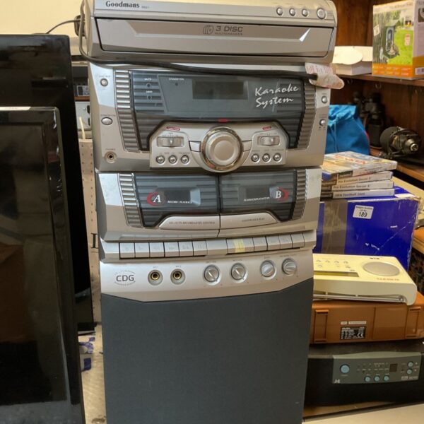 Vintage Goodmans XB25CDG karaoke system with cassette decks.