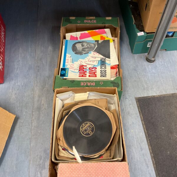 Two boxes of vintage gramophone records, 78 RPM vinyl collection.
