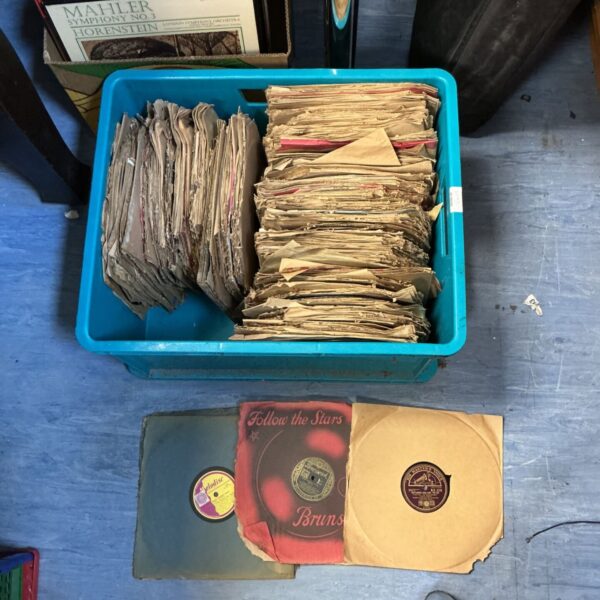 Large crate filled with vintage gramophone records, classical music.