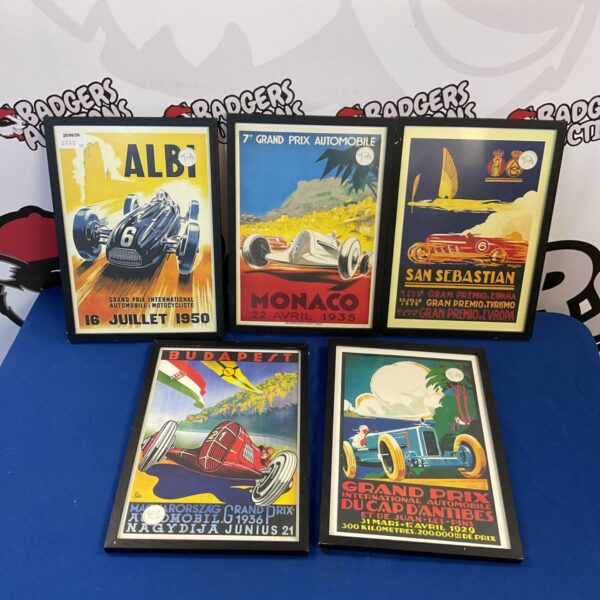Vintage set of five Grand Prix racing prints, classic motorsport art.