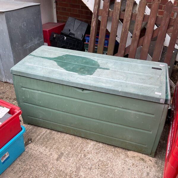 Green plastic garden storage box for outdoor use.