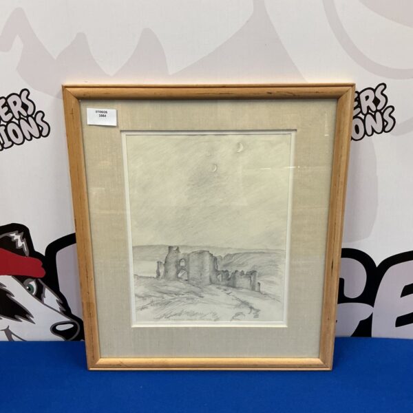 Framed pencil drawing of Pennard Castle, Wales by H Clarence Whate.