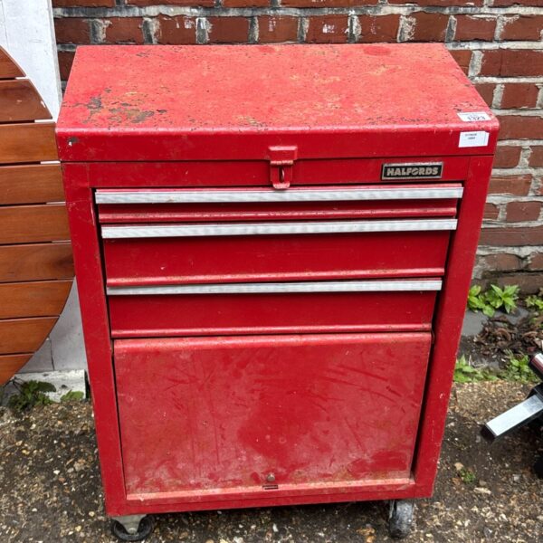 Vintage red Halfords tool cabinet with two drawers, ideal for garage storage.