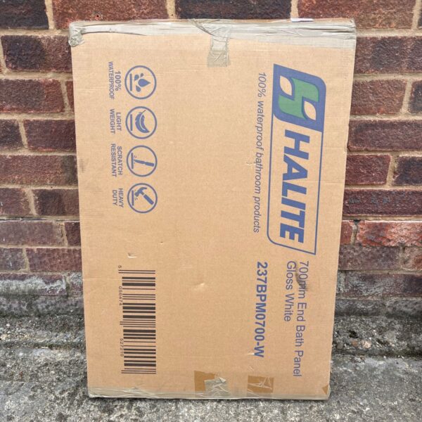 Gloss white Halite 700mm bath panel for bathroom renovation.