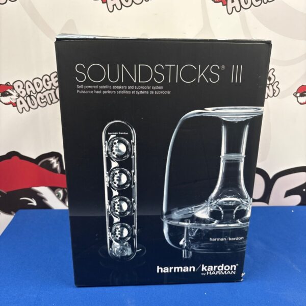 Harman Kardon Soundsticks III boxed speaker system, front view.