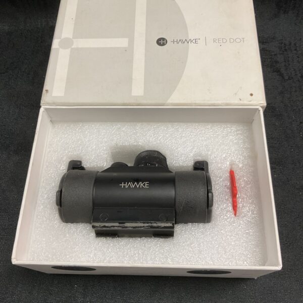 Hawke red dot sight presented in its original packaging.