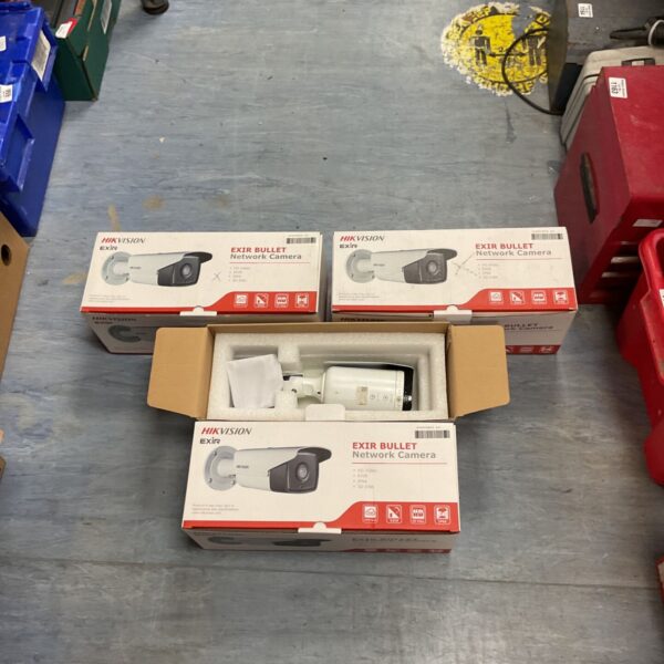 Four boxes of Hikvision EXIR bullet network cameras for security.