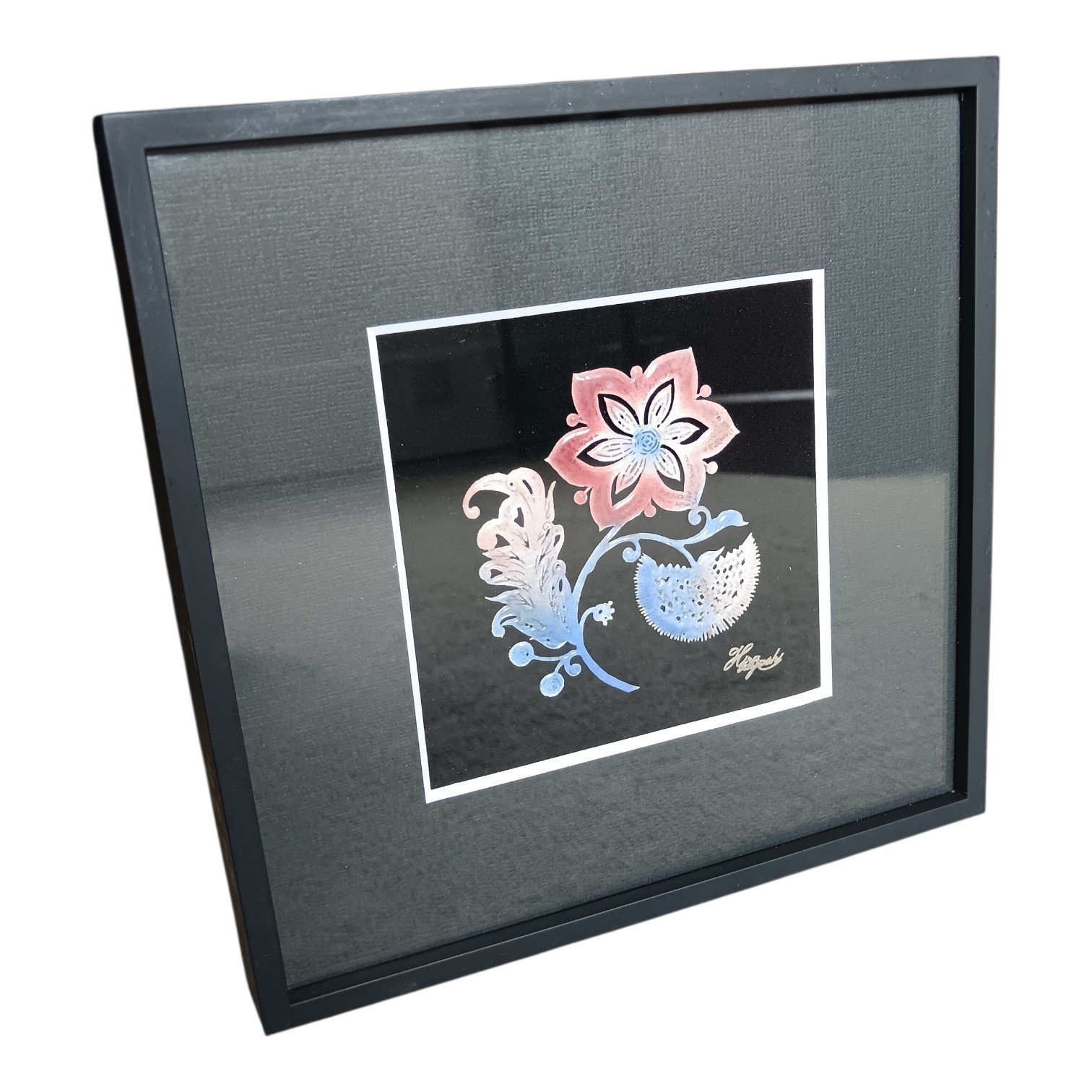 Framed Hirabayashi cloisonne enamel artwork with a floral design.