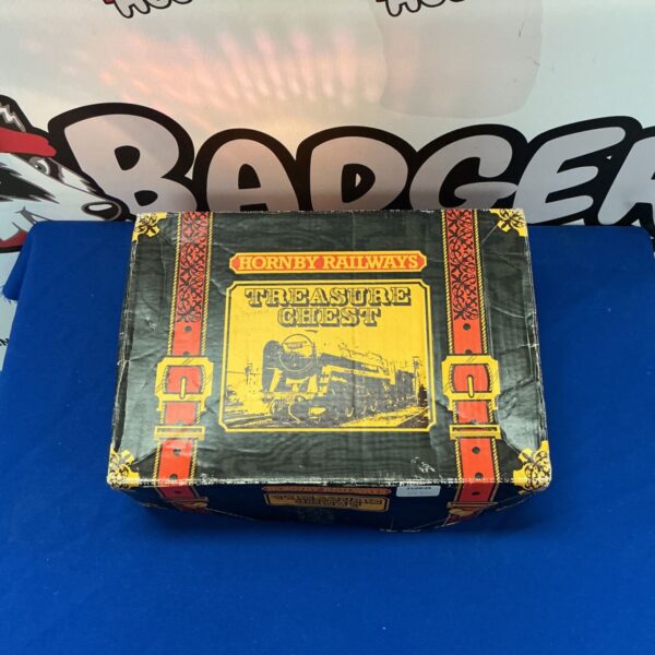 Front view of vintage Hornby Railways Treasure Chest box.