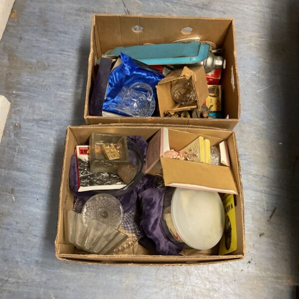 House clearance lot with boxes of vintage and mixed items.