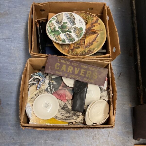 House clearance lot with vintage chinaware and household items.
