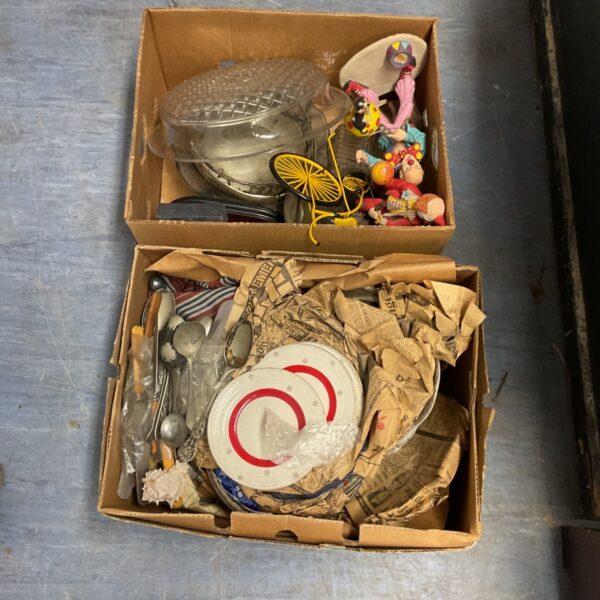House clearance lot with silverplate, china and colourful clown figurines.