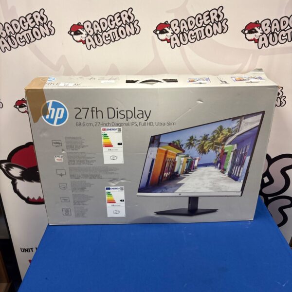 Boxed HP 27fh 27 inch monitor front view.
