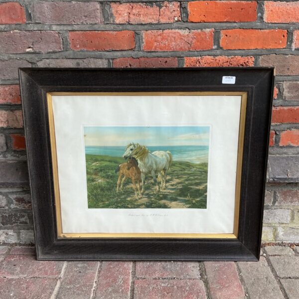Framed Victorian print of a mare and foal by H.W.B. Davis.