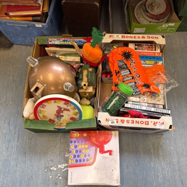 Mixed box incl. Black Adder and Faulty Towers box sets, military soldiers, bingo & other toys with box of mixed items inc Japanese manga books