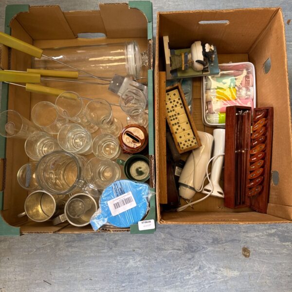 Two boxes of mixed items inc glassware, kitchen items & others
