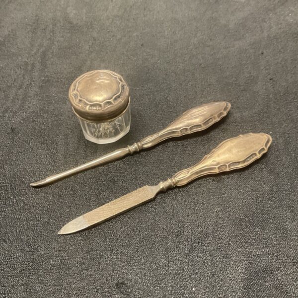 Hallmarked silver lidded pin pot and chester hallmarked nail file set