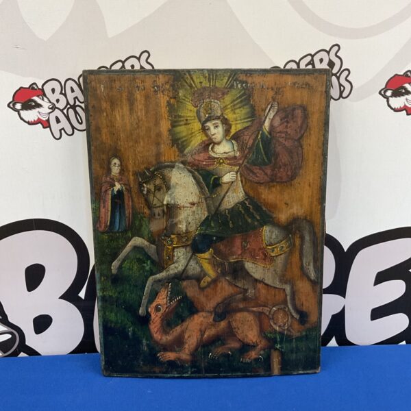 Antique oil painting on panel of St George on horseback defeating dragon