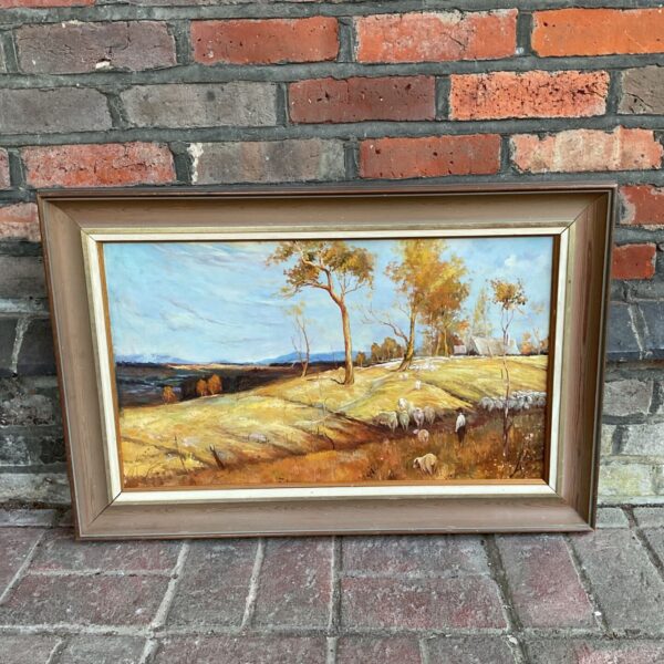 Impressionist oil painting of a farmhouse and sheep in a rural landscape.