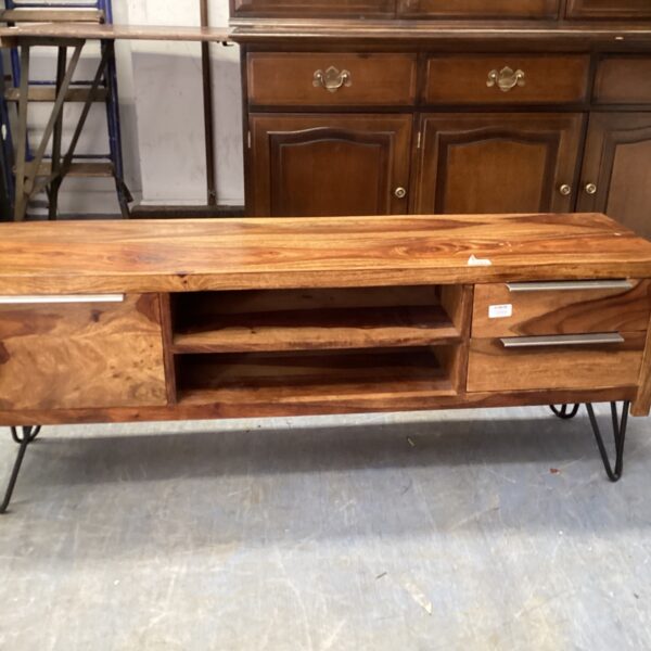 Contemporary Indian hardwood TV stand with angled legs and open shelving.