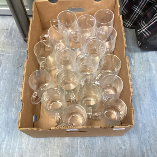 Box of clear IPA glass mugs ready for a new home.