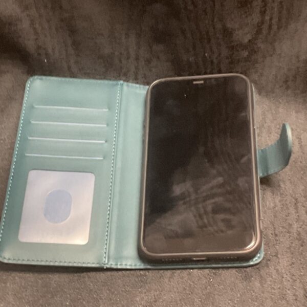 Teal wallet case open, revealing an Apple iPhone smartphone.