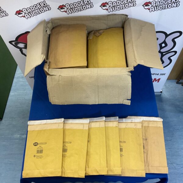 Box containing a large quantity of Jiffy Padded Bags for shipping.