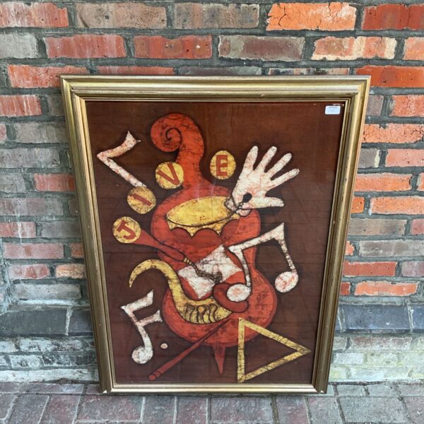 Large gilt framed jive band fabric print, mid-century modern art.
