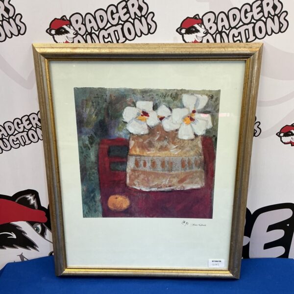 Signed John Chen still life print of flowers in a vase.