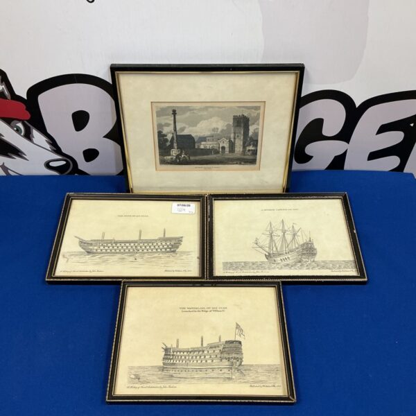 19th-century John Fincham naval architecture prints and Ensham Church engraving.