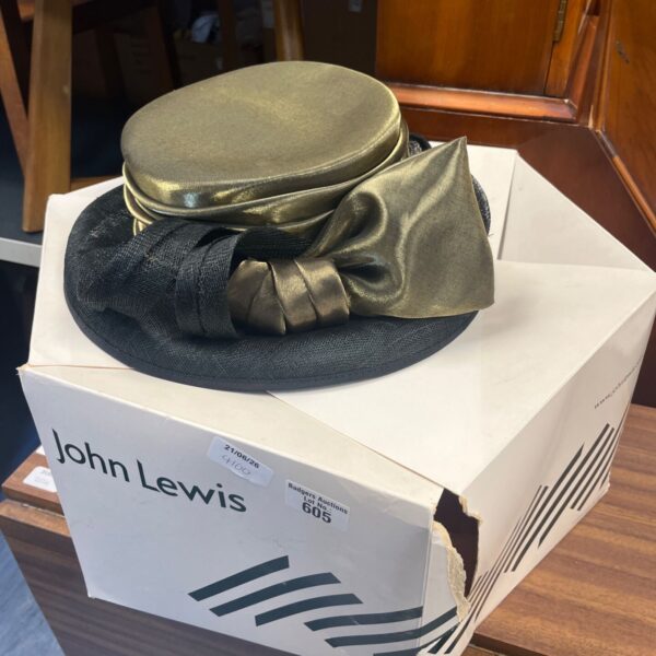 John Lewis olive green and black dupion silk hat with bow.