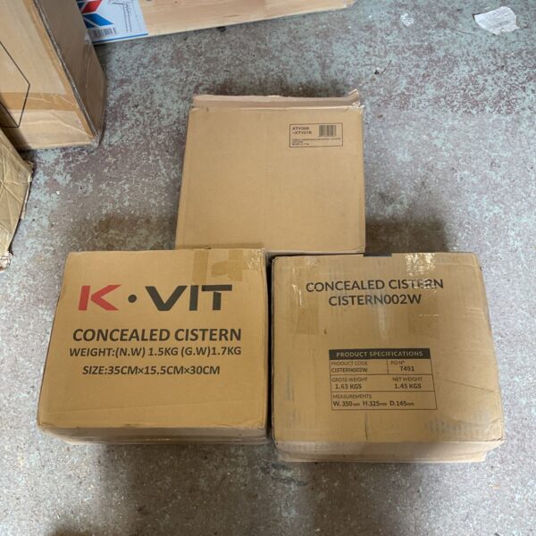 KVIT concealed cistern model N02, showing packaging and dimensions.
