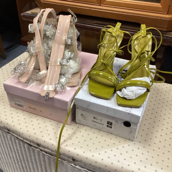 Ladies high heels size 7, nude and green with clear straps.