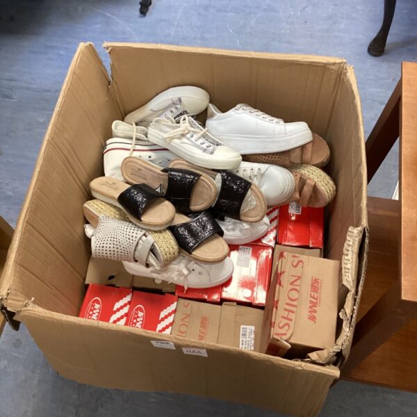 Overview of a cardboard box filled with a ladies' shoe lot.