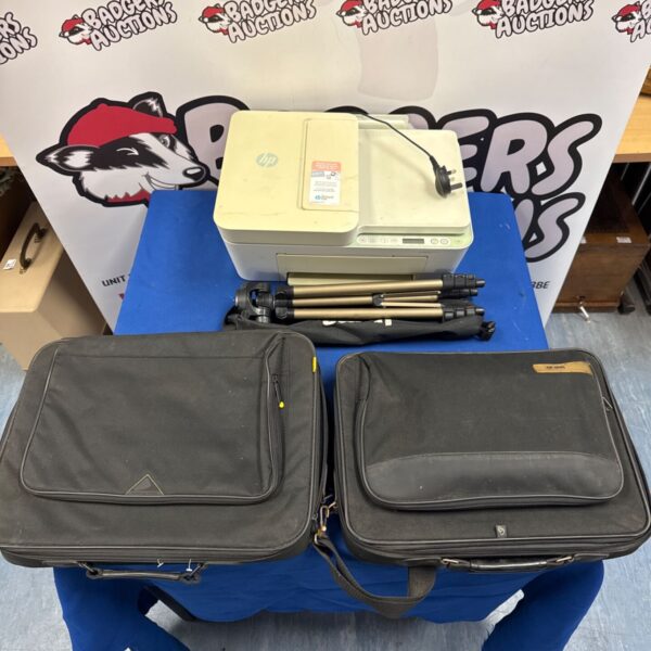 Laptop bags, camera tripod, and HP printer bundle for sale.