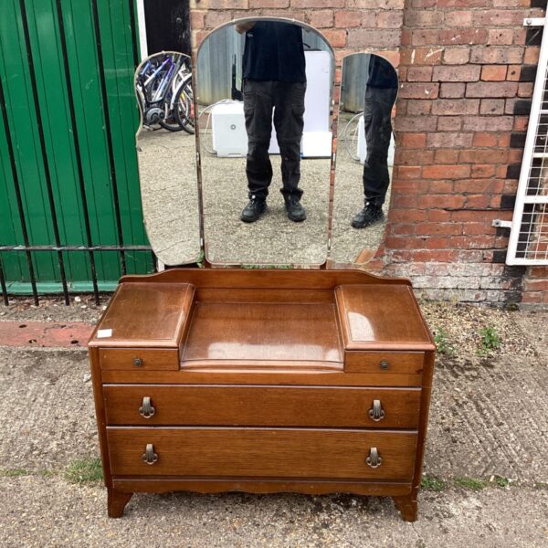 Vintage Lebus dressing table with a large central mirror and three drawers.