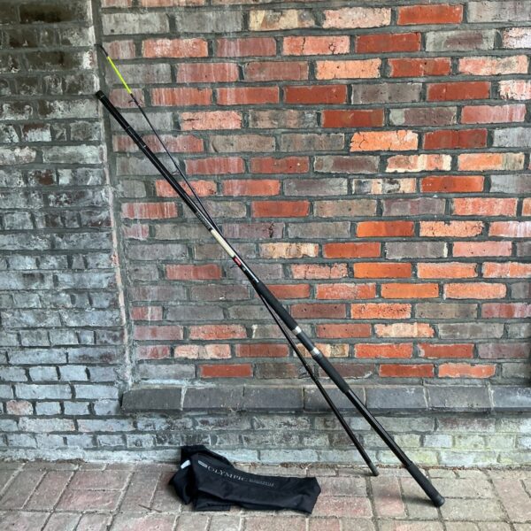 Full view of vintage Leeds Olympic Beachcaster 12ft fishing rod.