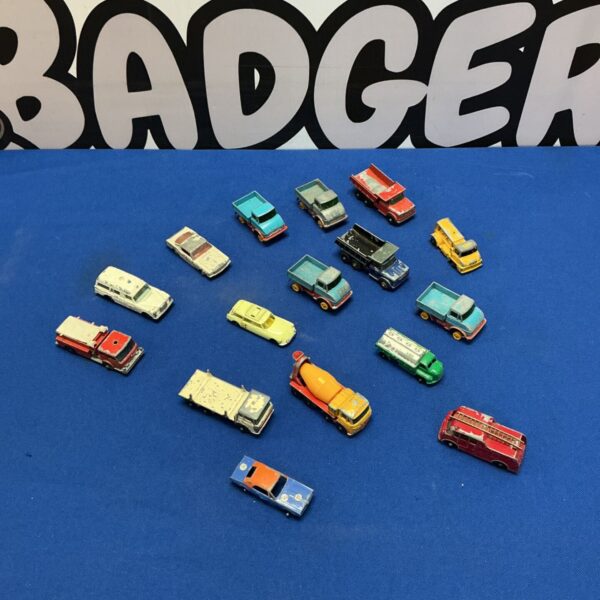 Vintage Lesney Matchbox diecast collection of miniature vehicles.